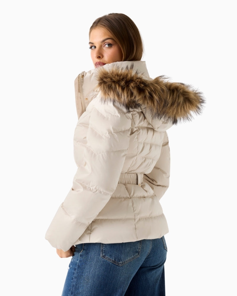 Back view of Guess beige down puffer with hood and belt