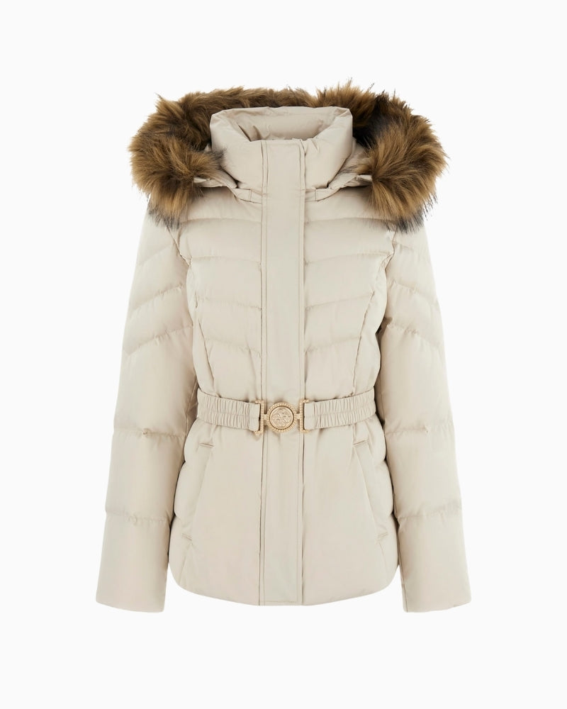 Front view of Guess down jacket beige with long sleeves and protective collar