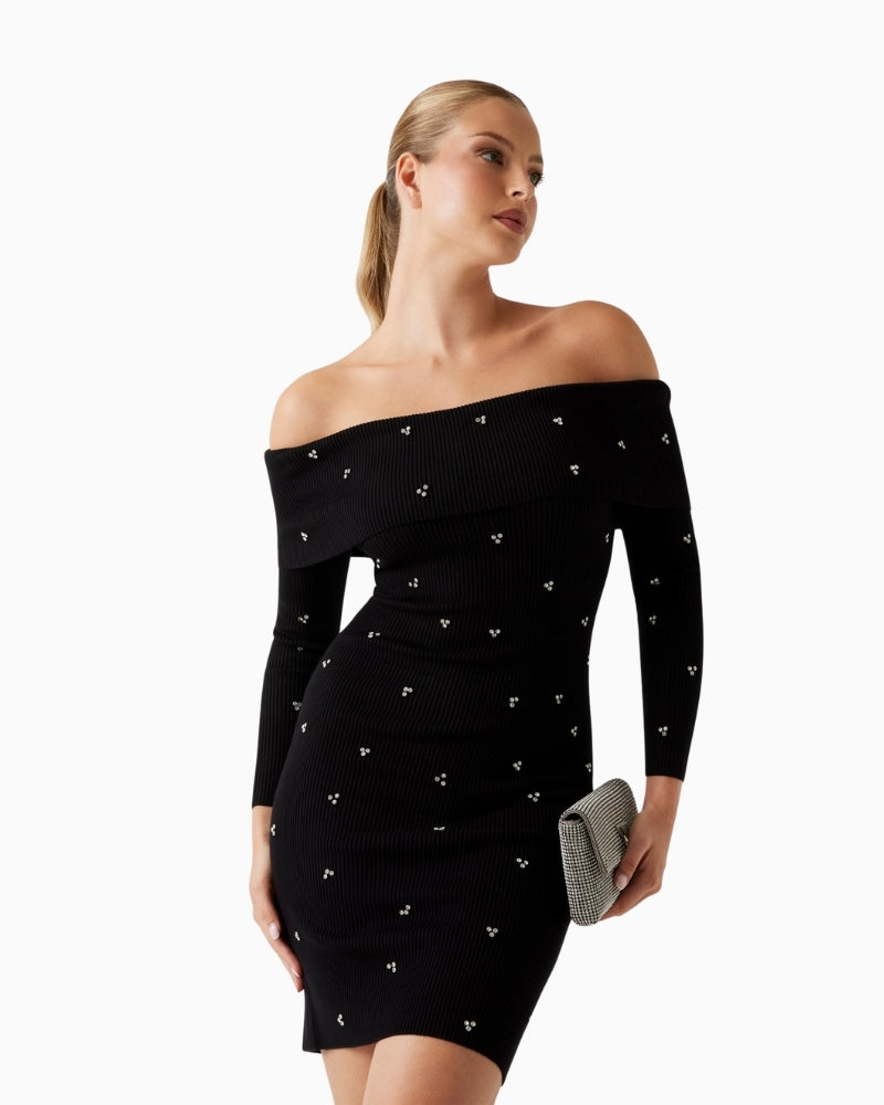 Black off-shoulder sweater dress by Guess with all-over rhinestones