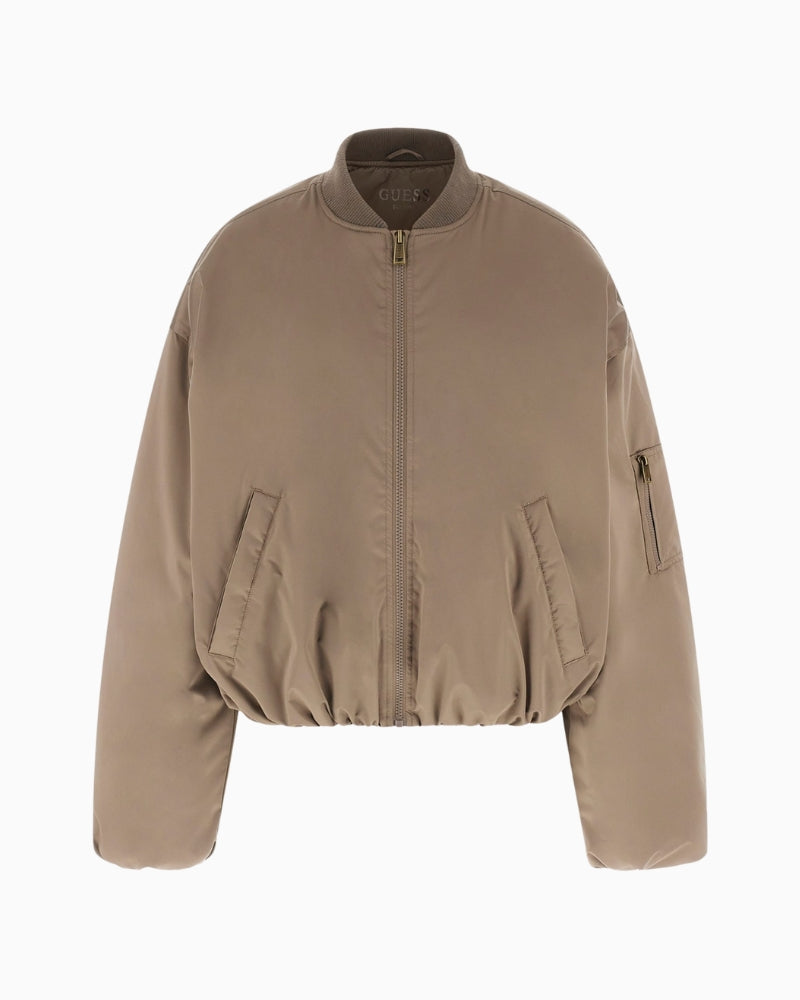 Guess satin bomber jacket brown front view white background – Áines Boutique