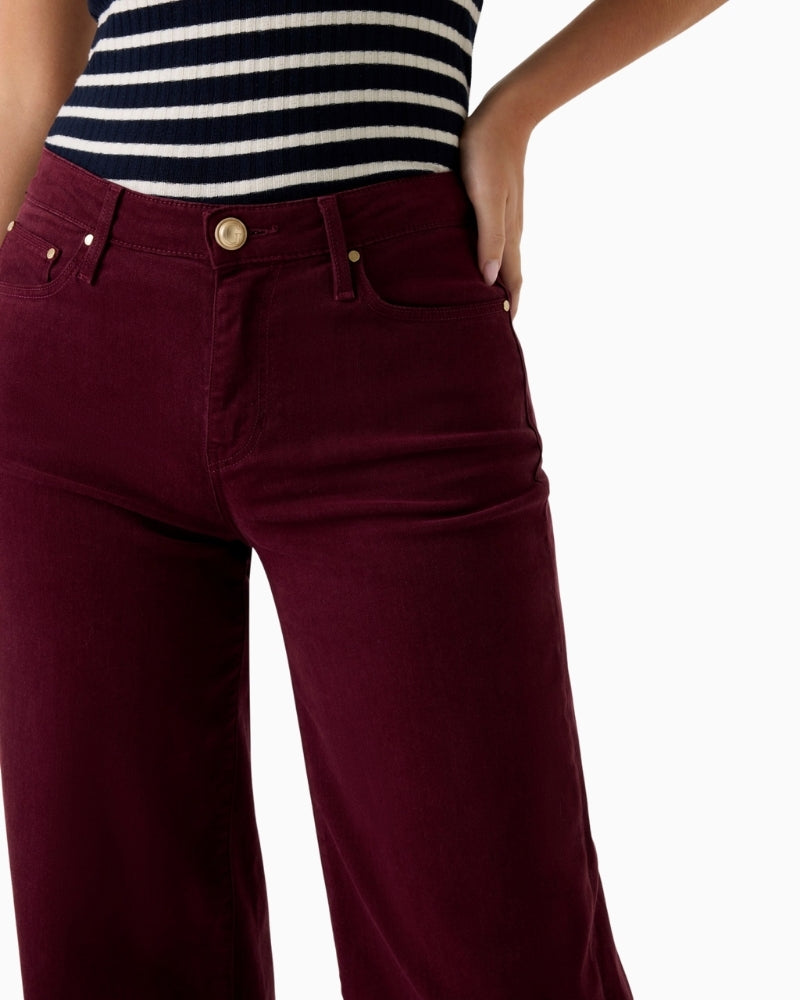 Detail of pocket and waistband stitch on burgundy Guess palazzo jeans