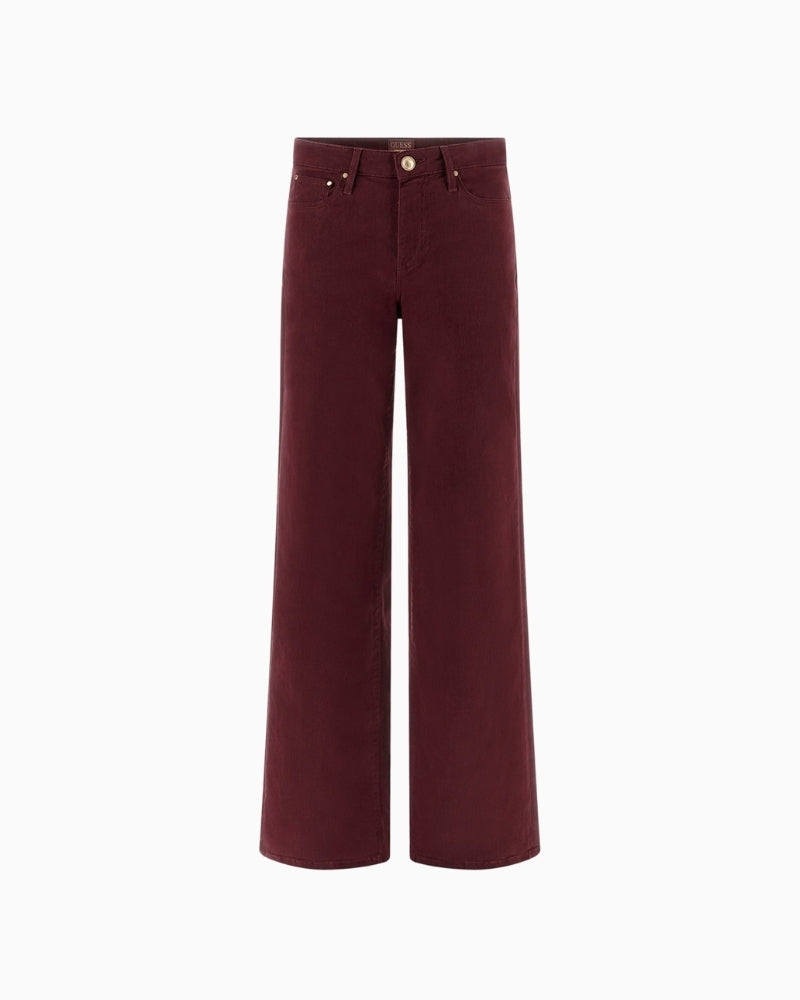 Front view of Guess sexy palazzo jeans in burgundy wide leg with button fastening