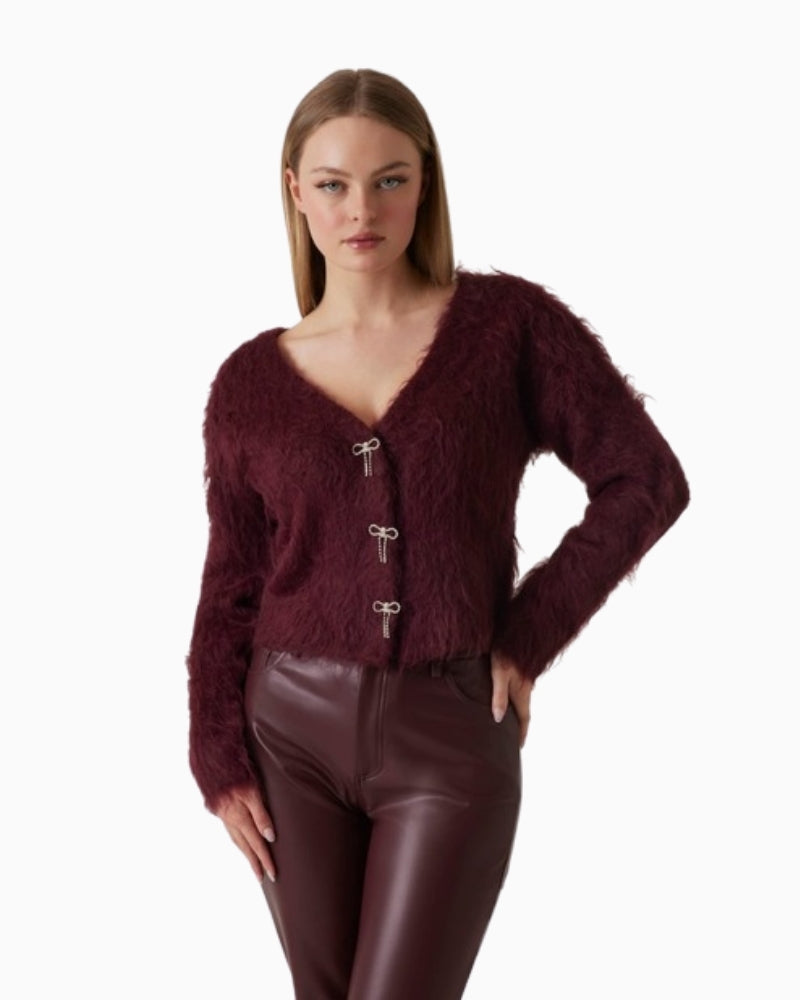 GUESS Tomiko cardigan with bow buttons and v-neck in soft alpaca-blend knit