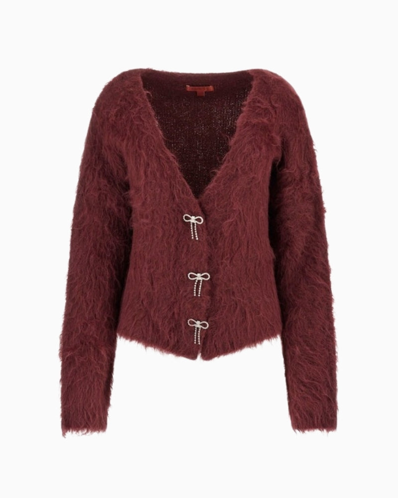 GUESS Tomiko cardigan with bow buttons and v-neck in soft alpaca-blend knit