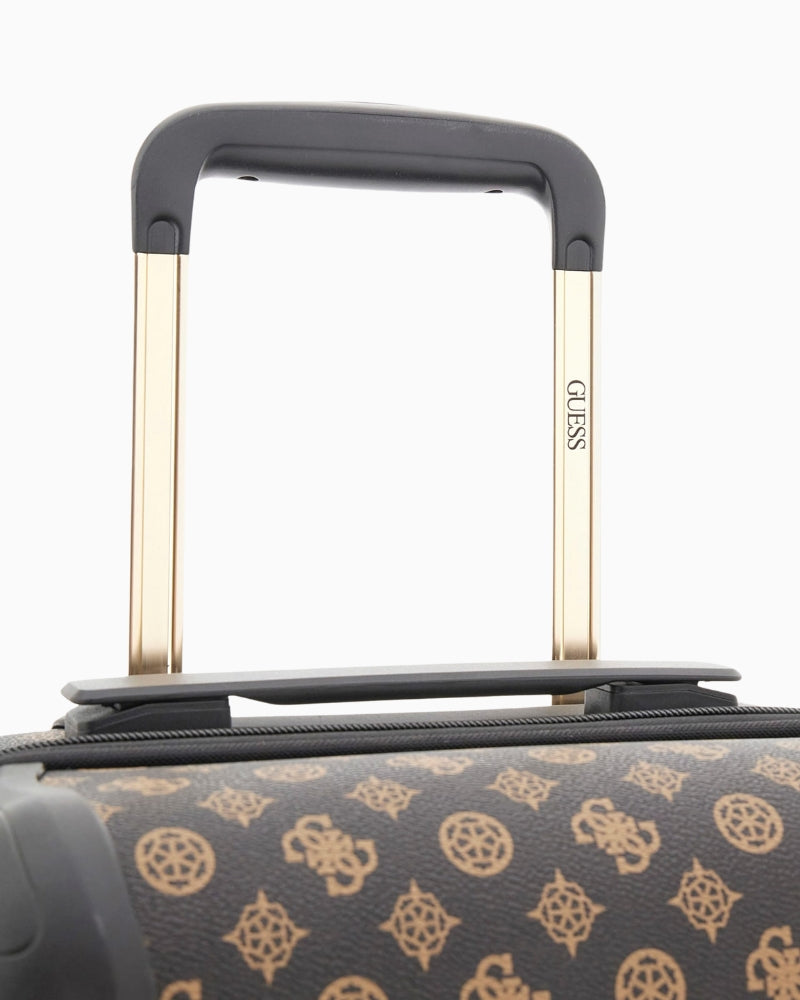 Front view of cabin-size Guess travel suitcase with TSA lock and zip closure