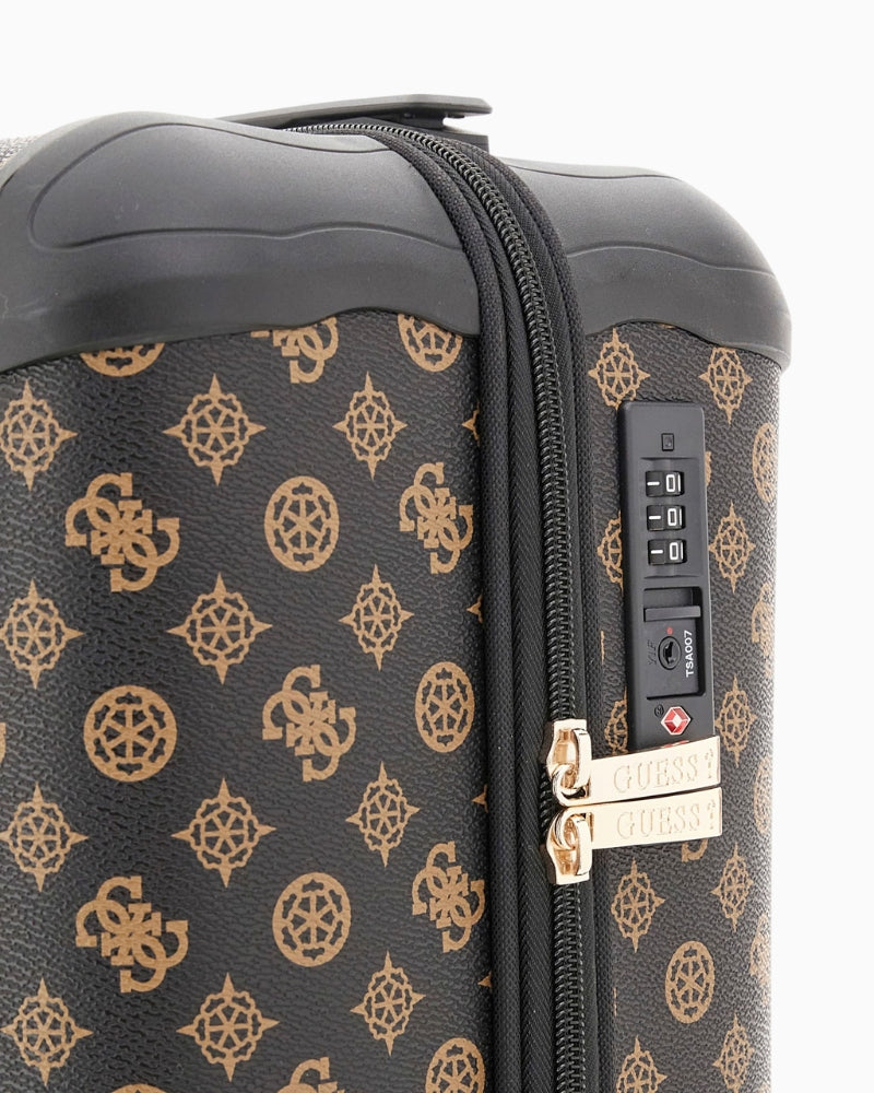 Close-up of triangle Guess logo and 4G printed exterior on brown travel case
