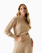 Brown cable-knit wool-blend sweater by GUESS with balloon sleeves and ribbed neckline