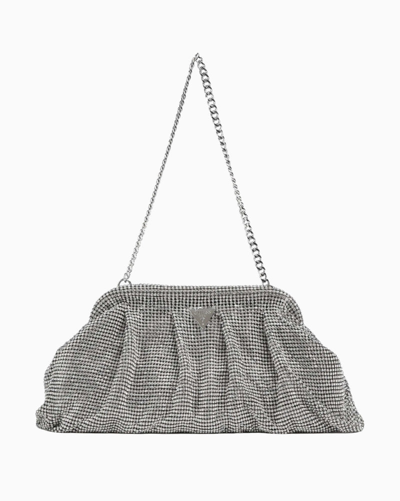 Guess Zalina shoulder bag in metallic silver with ornamental stone and snap closure