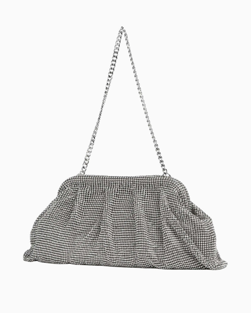 Front view of Guess silver handbag with structured shape and polished finish