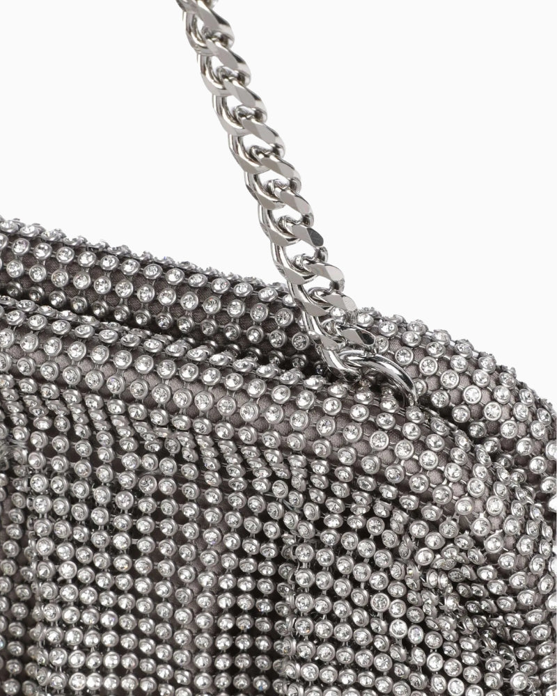 Close up view of Guess Zalina bag in aluminium silver faux leather