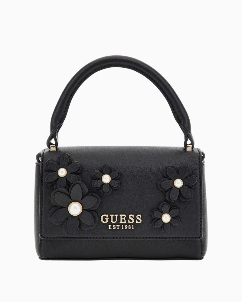 Guess Zaria mini handbag in black faux leather with floral pearl detailing