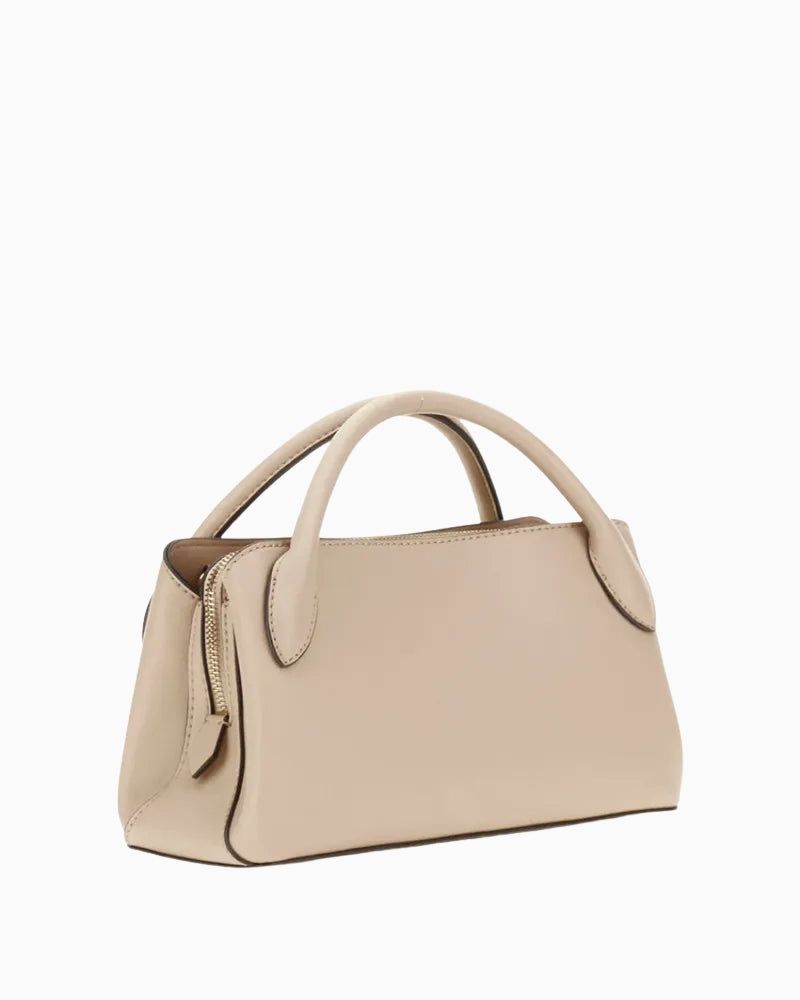 Back of beige Guess handbag with clean faux leather finish and crossbody option