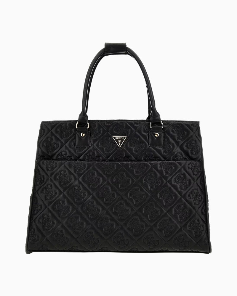 Black faux leather shopper by Guess with embossed 4G logo and gold zip