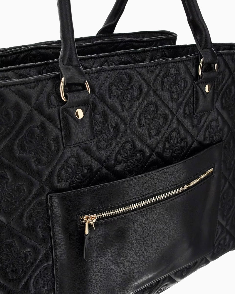 Close-up view of back of black shopper with pocket