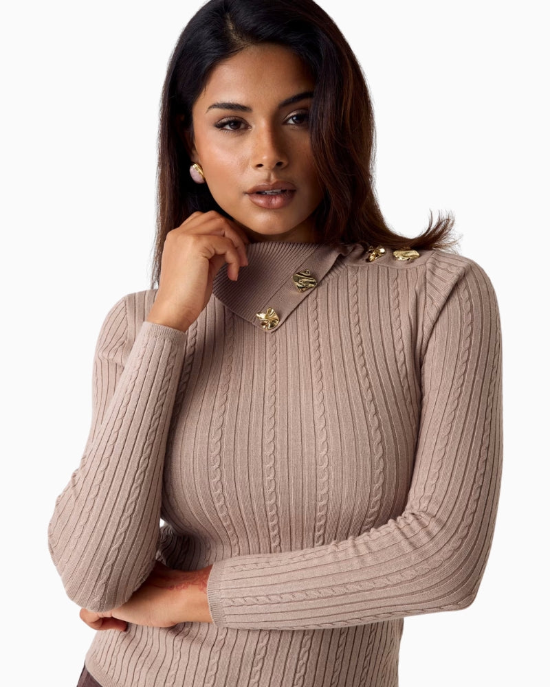 Guess asymmetric neck sweater taupe neckline and jewel button detail – Áines Boutique