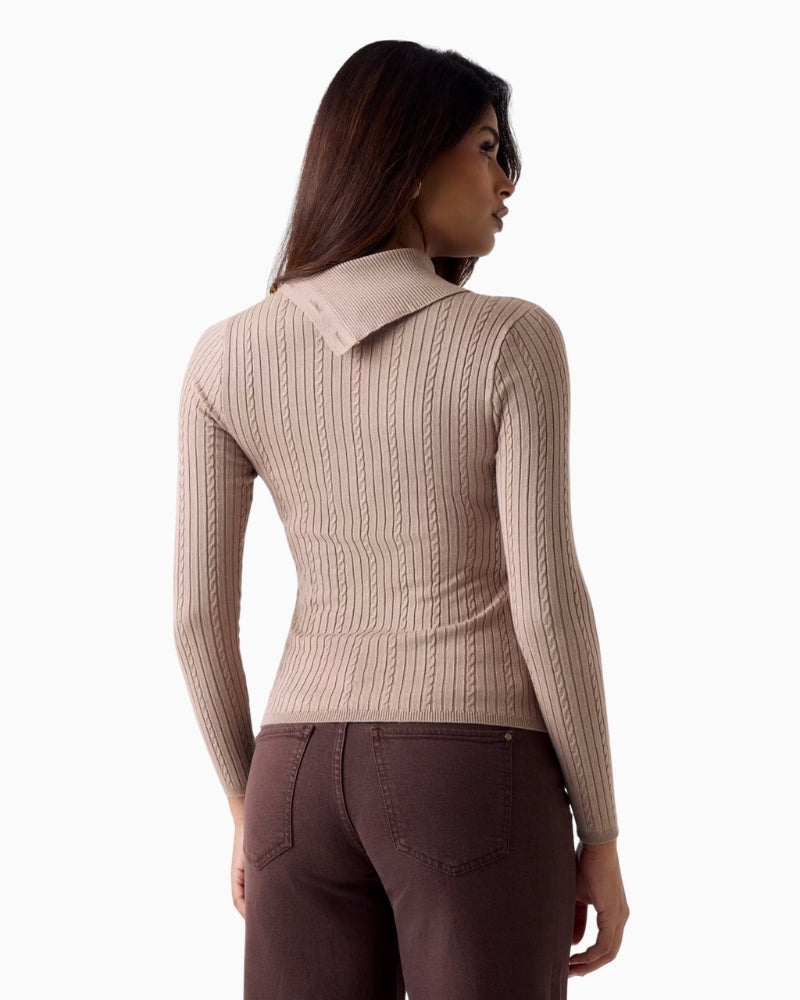 Guess asymmetric neck sweater taupe back view – Áines Boutique