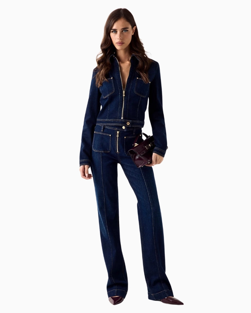 Guess cropped denim jacket blue paired with jeans – Áines Boutique