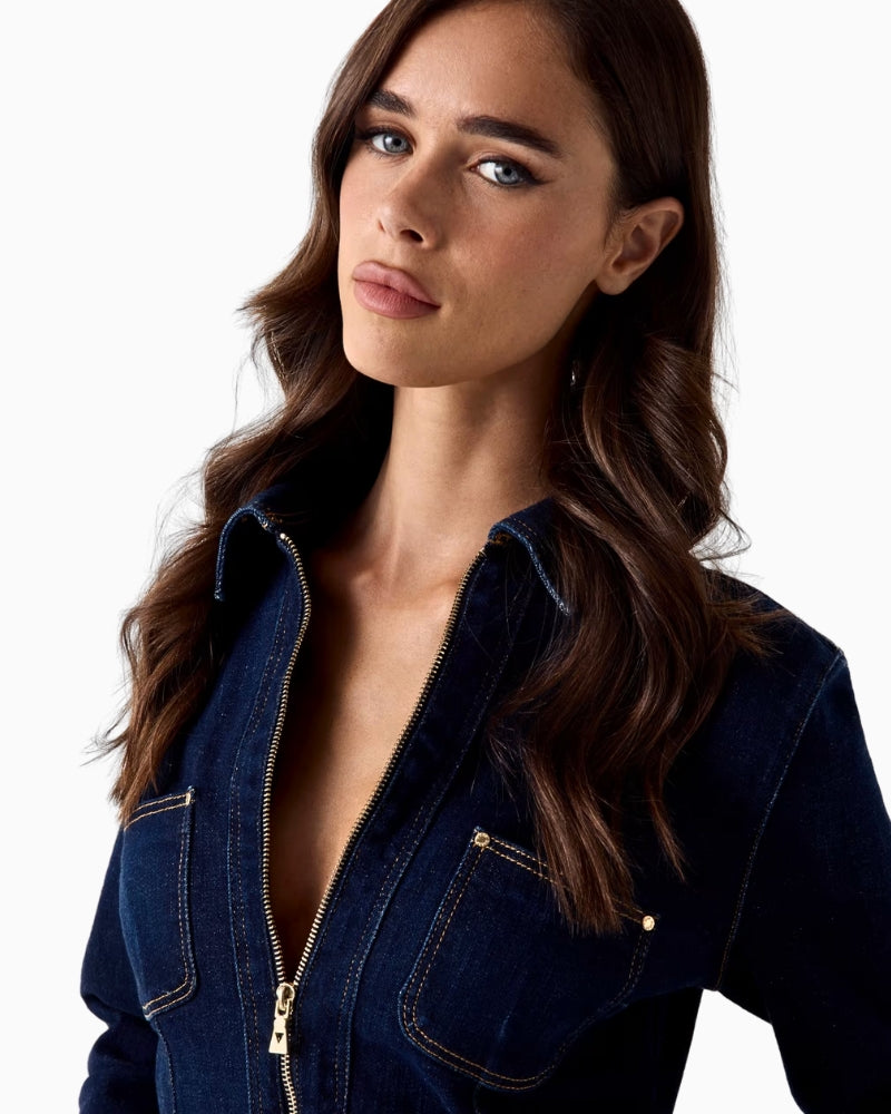 Guess cropped denim jacket blue detail of zip and pockets – Áines Boutique