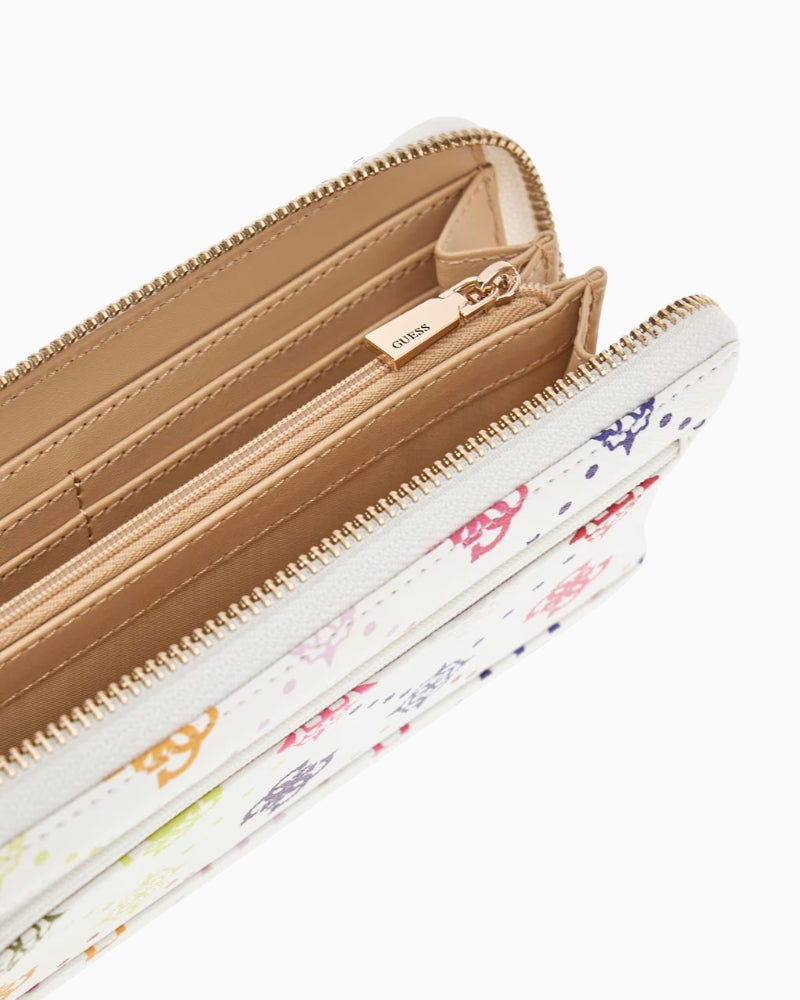 Guess Emelie Logo Wallet in multi top view with zip fastening 1