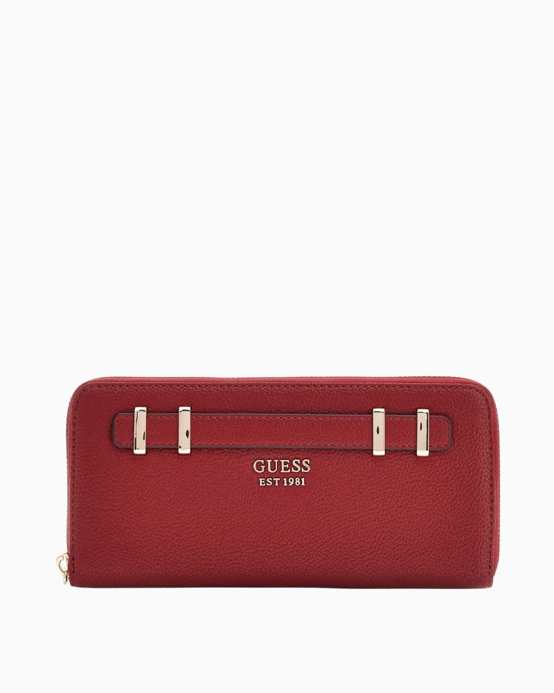Front view of Guess Gregoria wallet in red faux leather with pale gold logo detail