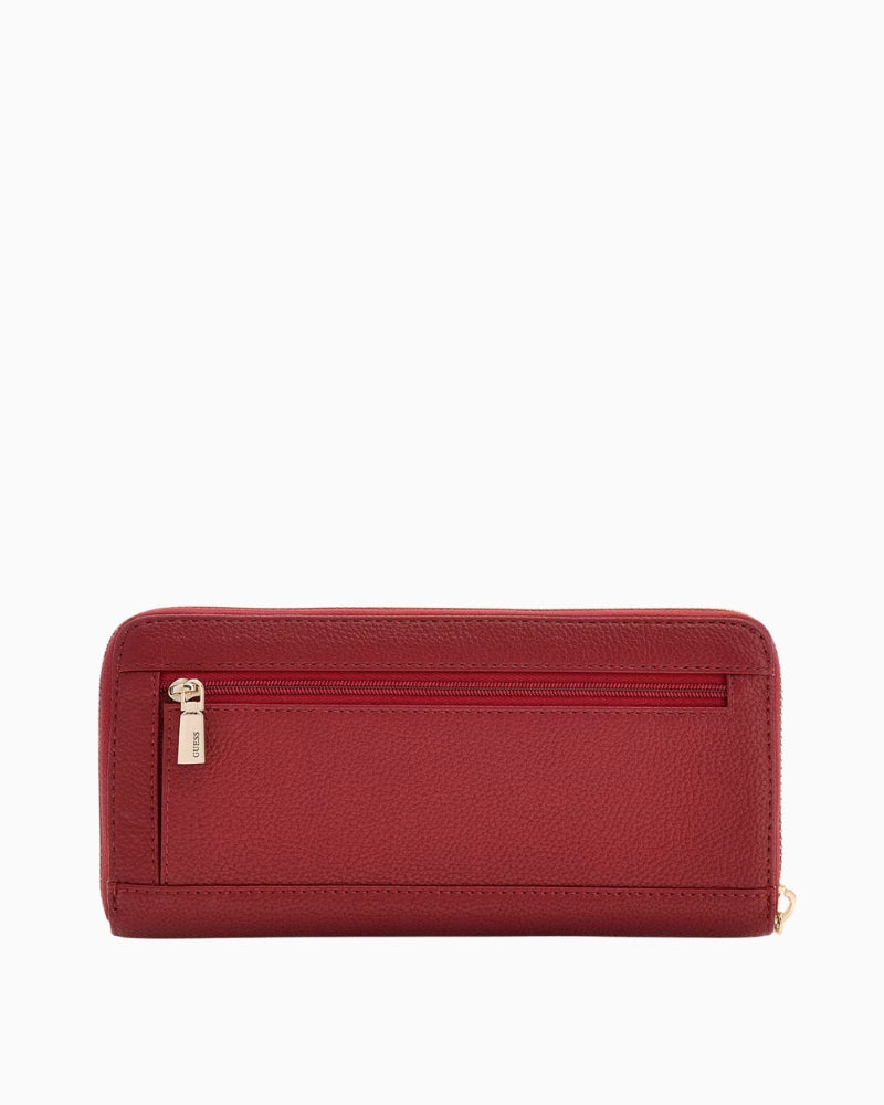 Back view of Guess red Gregoria wallet showing zip pocket