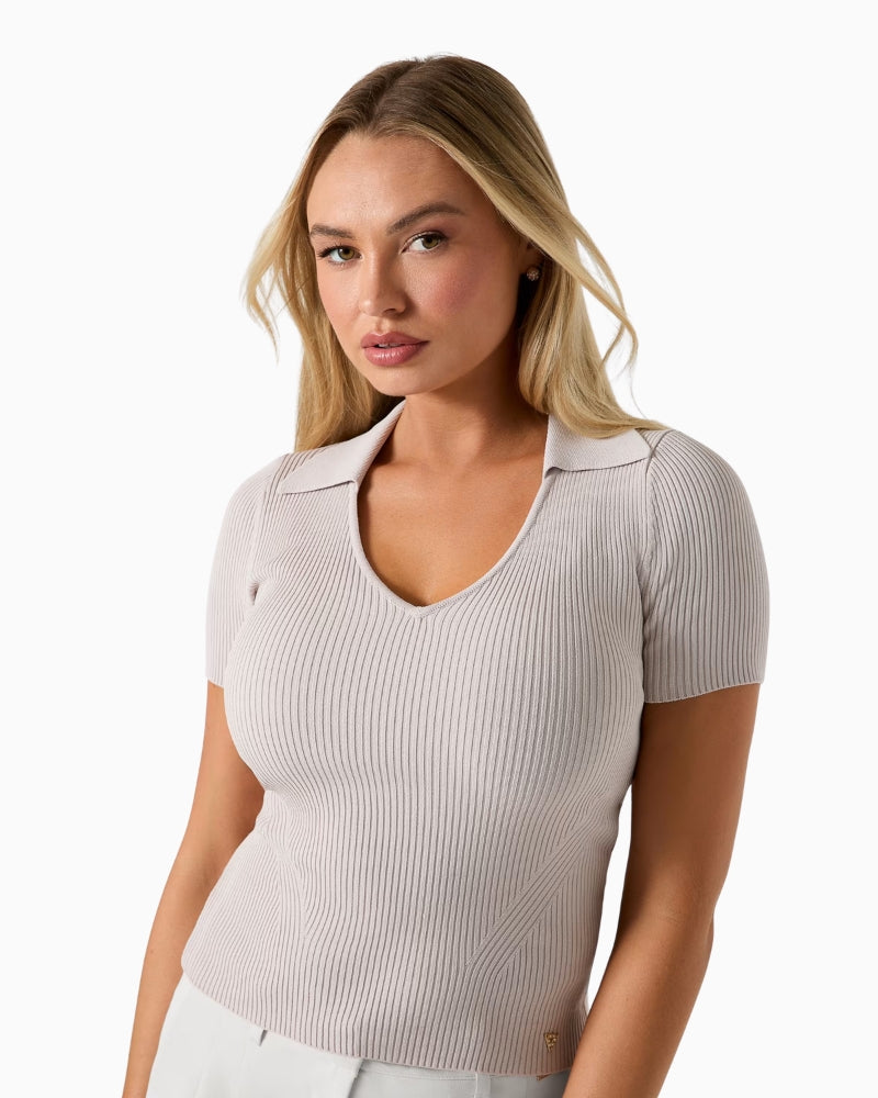 Guess Jeans Collar Stella Sweater in light beige ribbed detail