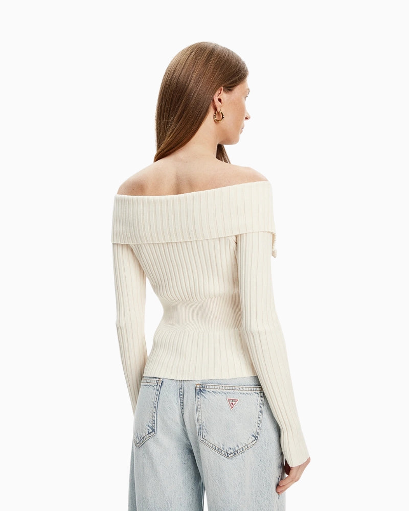 Back view of cream Guess cardigan highlighting ribbed structure and classic length
