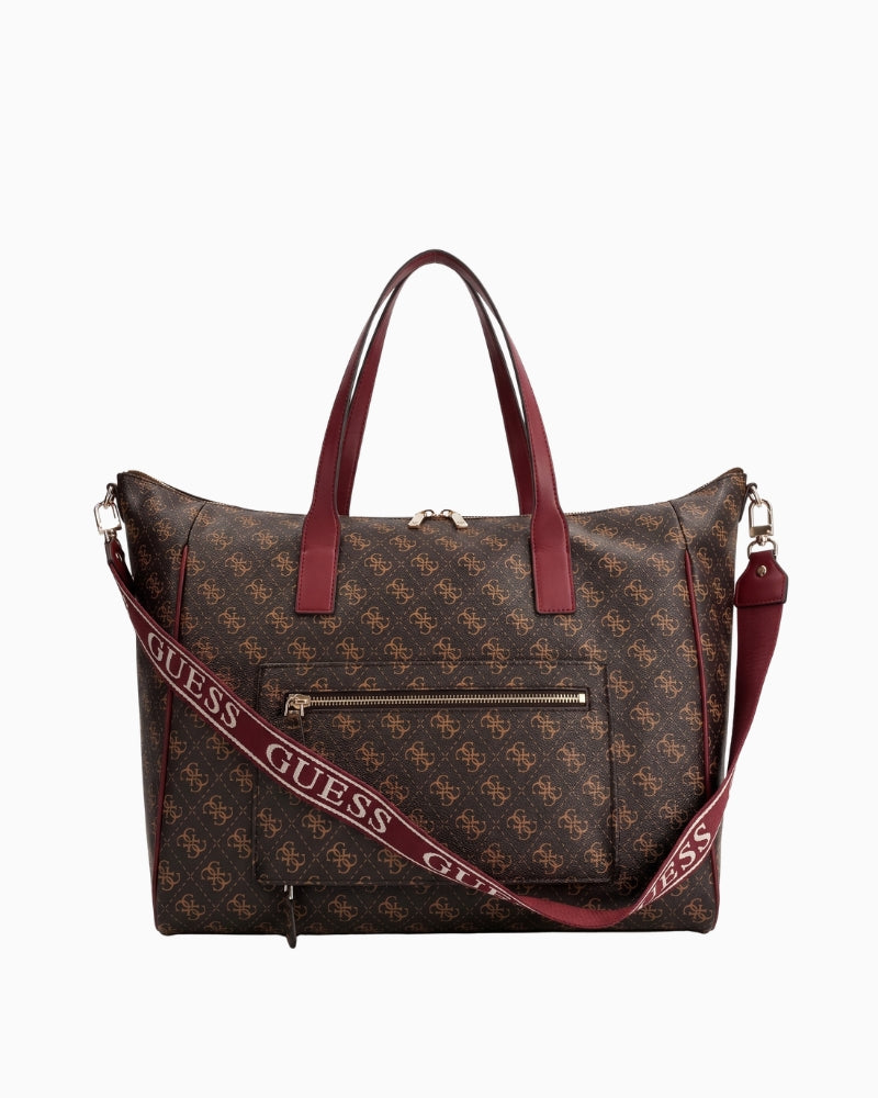 Guess Latona Carryon Large Tote in brown logo back view with trolley holder