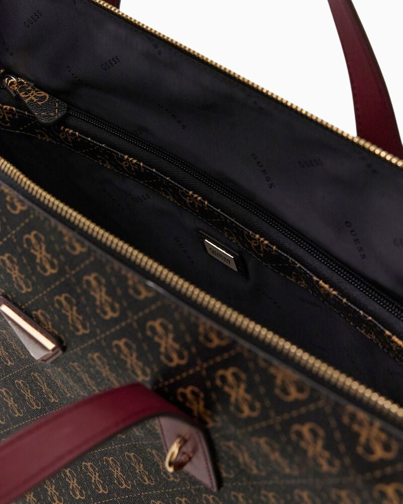 Guess Latona Carryon Large Tote in brown logo interior compartment view