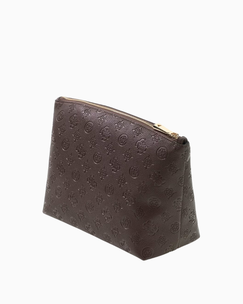 Guess Lenwood Top Zip Cosmetic Bag in brown back view