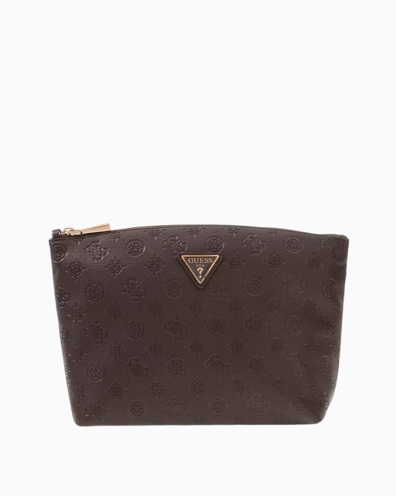 Guess Lenwood Top Zip Cosmetic Bag in brown front view