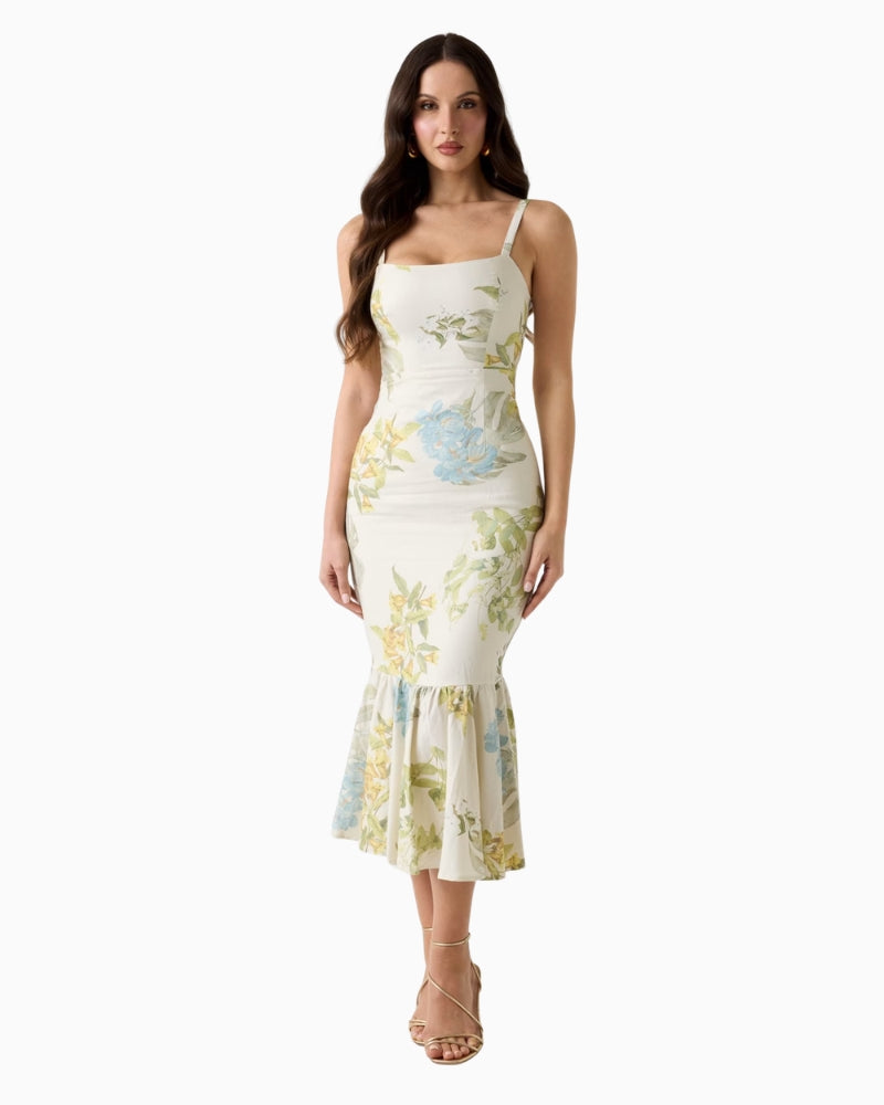 Guess Linen-Blend Dress in white and green front view