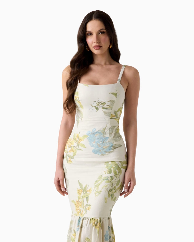 Guess Linen-Blend Dress in white and green front view on model