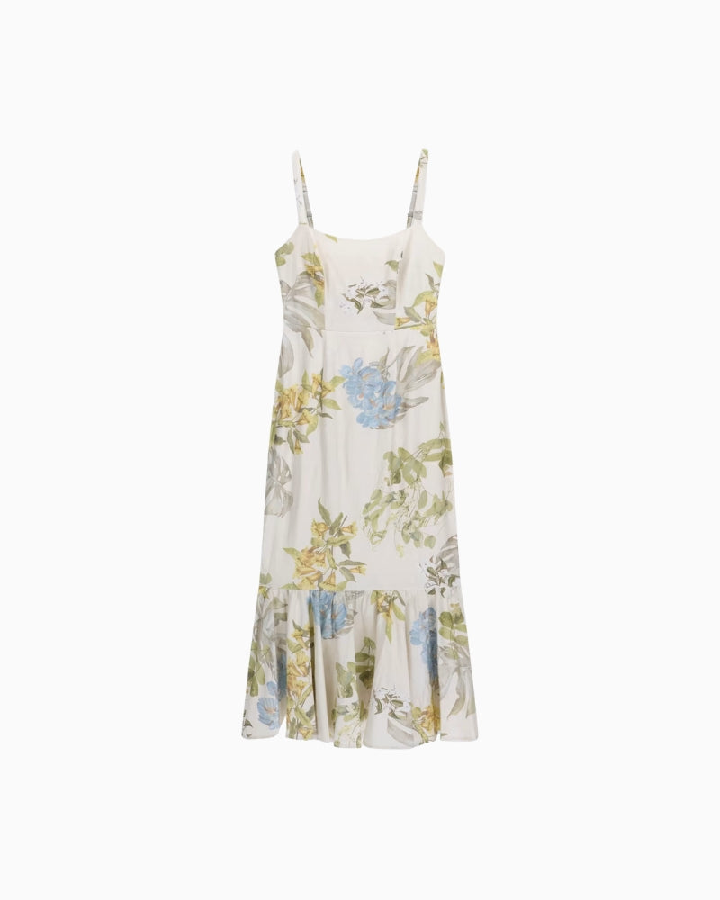 Guess Linen-Blend Dress in white and green print detail
