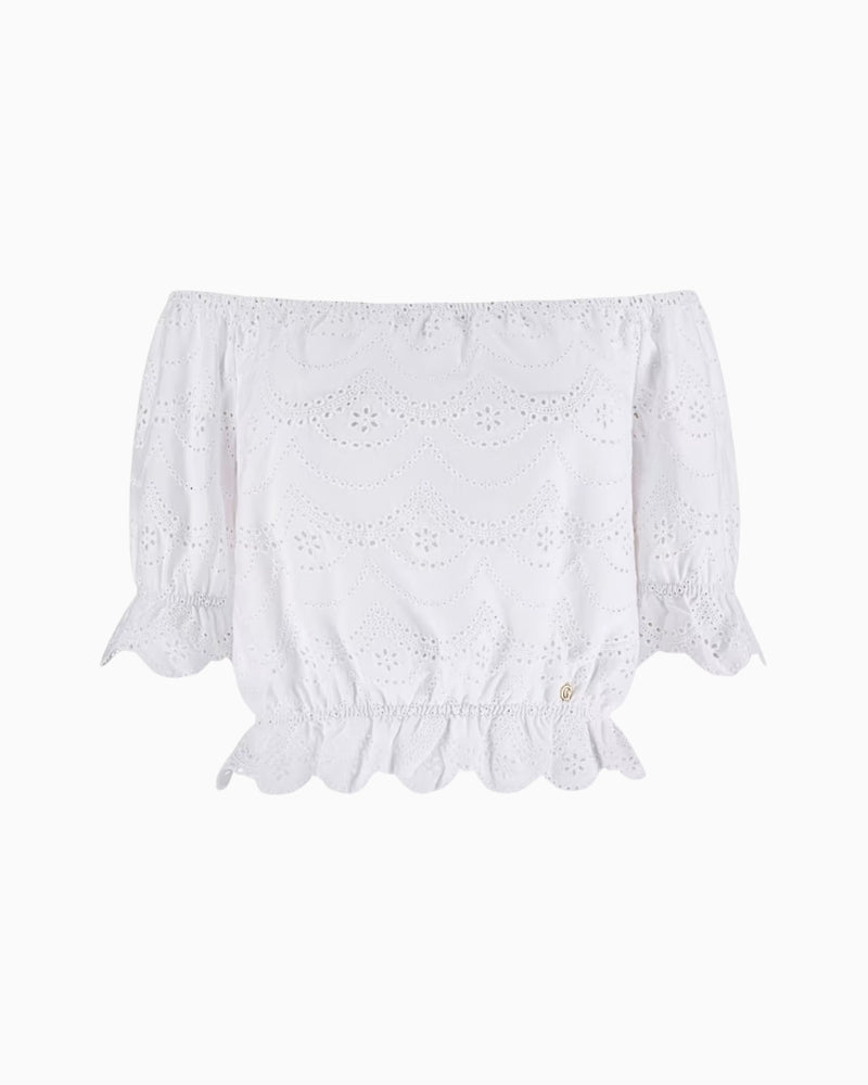 Guess Off-Shoulder Eyelets Top white flat lay front view