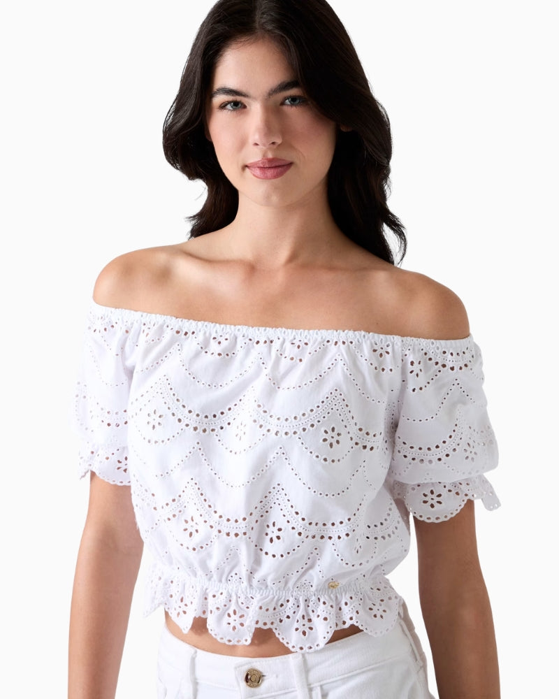 Guess Off-Shoulder Eyelets Top white front view