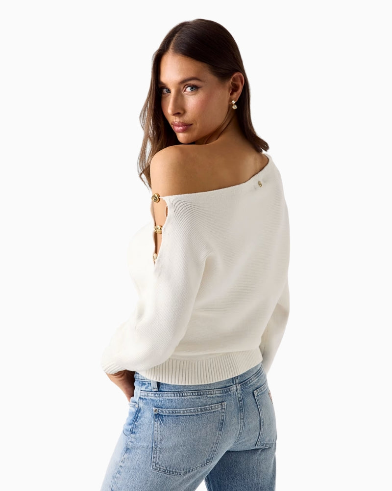 Guess one-shoulder knit sweater white back view – Áines Boutique