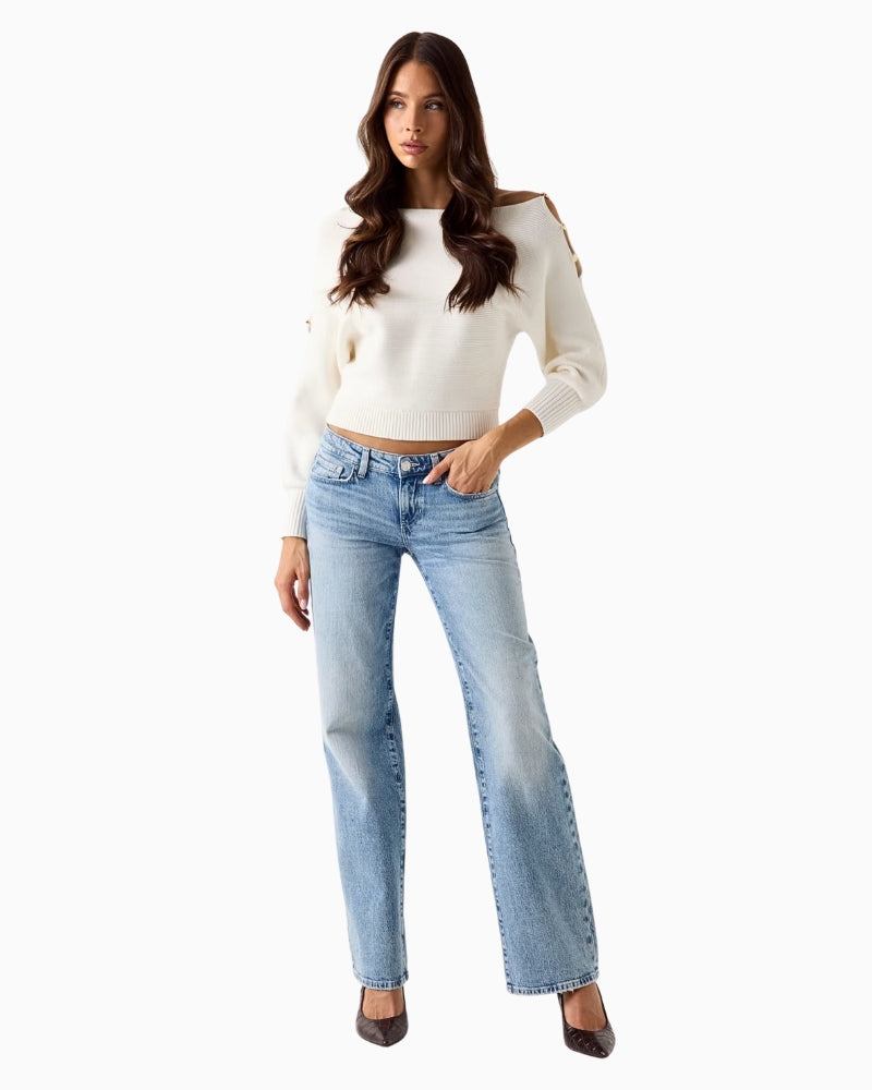 Guess one-shoulder knit sweater white front view – Áines Boutique