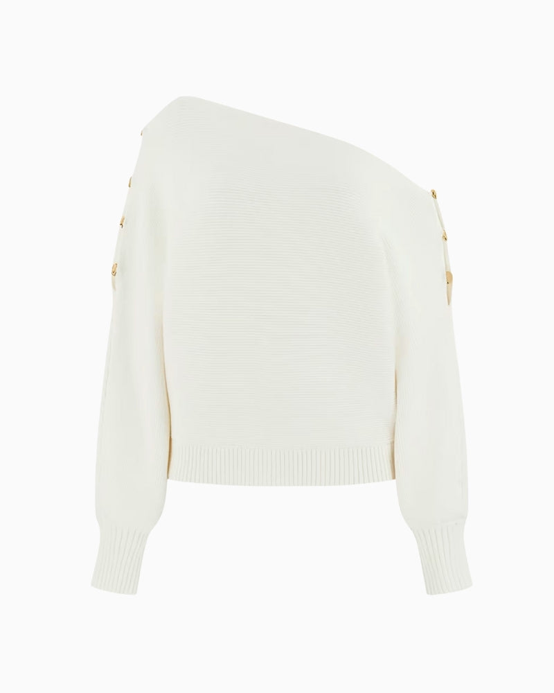 Guess one-shoulder knit sweater white flat lay styling – Áines Boutique