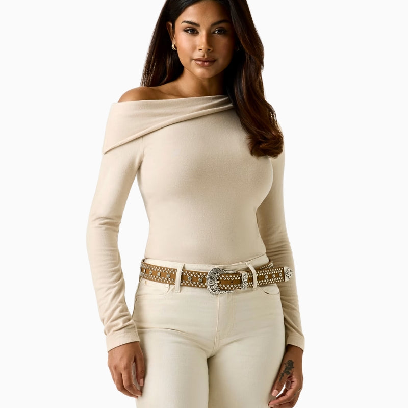 woman wearing Guess one-shoulder top beige front view – Áines Boutique