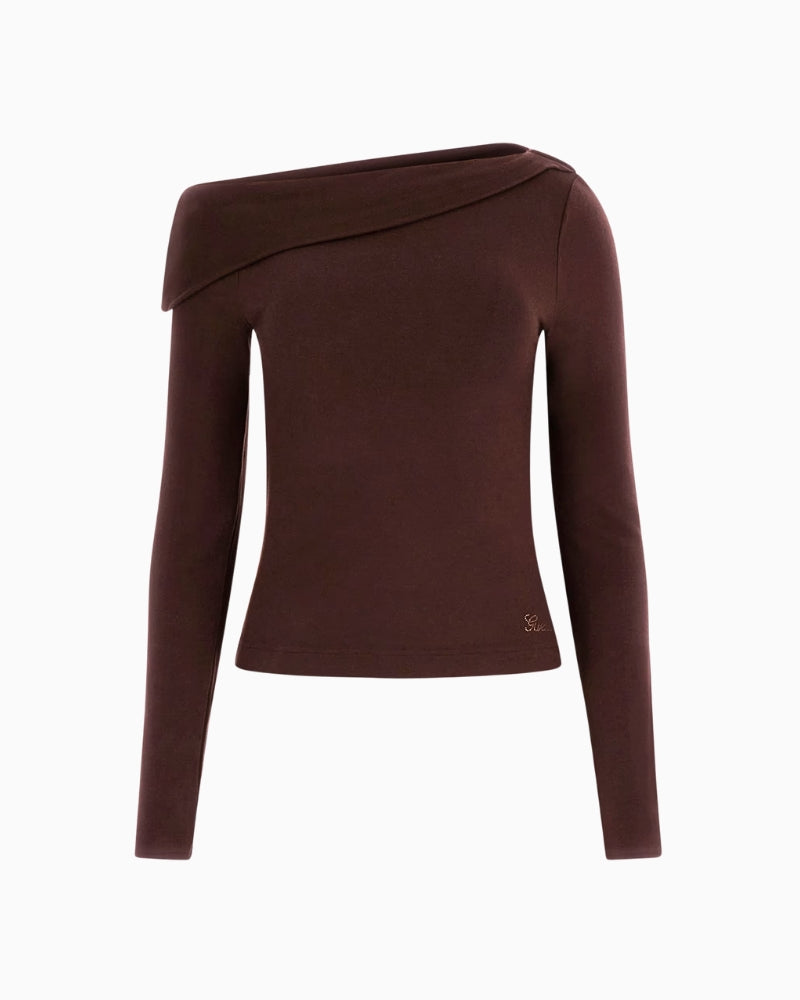 Guess one-shoulder top brown flat lay – Áines Boutique