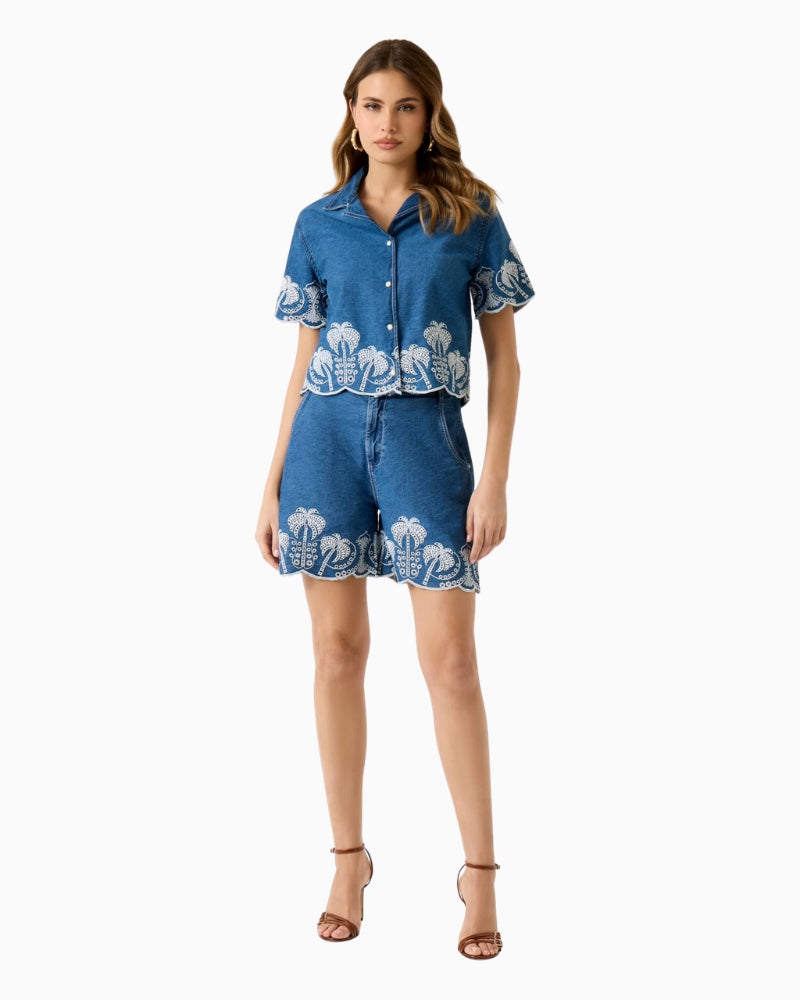 Guess Pilar embroidered denim shorts blue front view