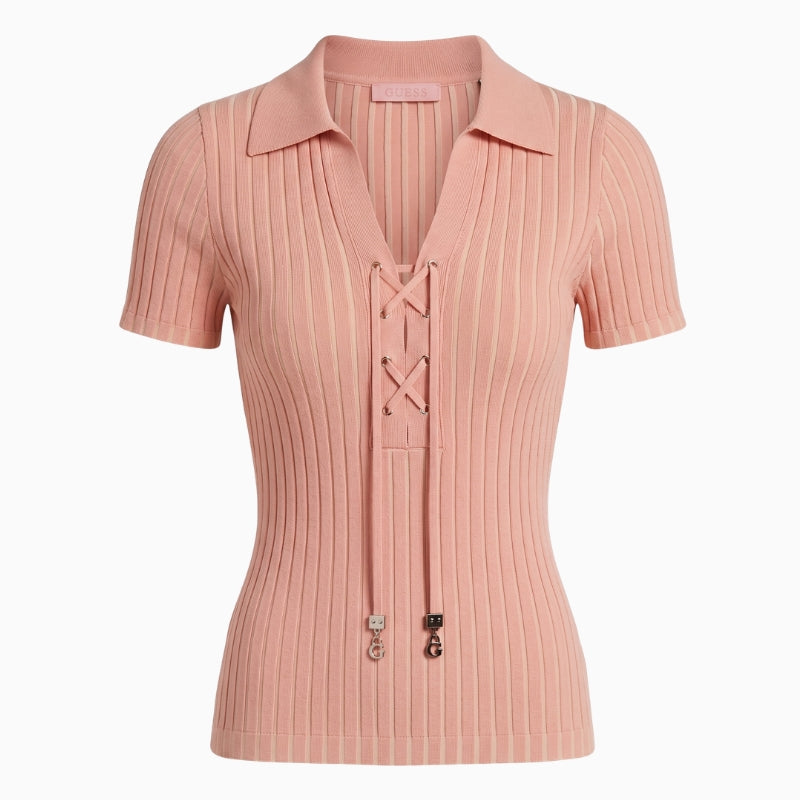 Guess Polo Lace-Up Regina Sweater in peach front view