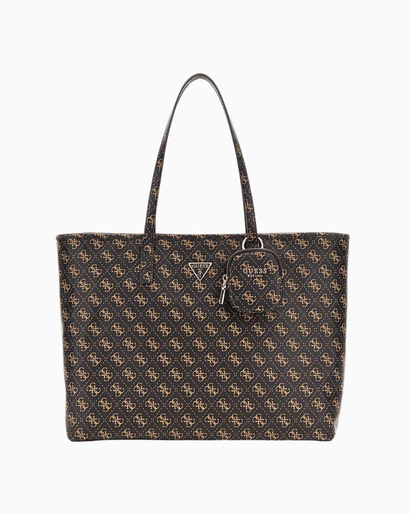 Brown logo Guess shopper bag with zip closure and dual handles