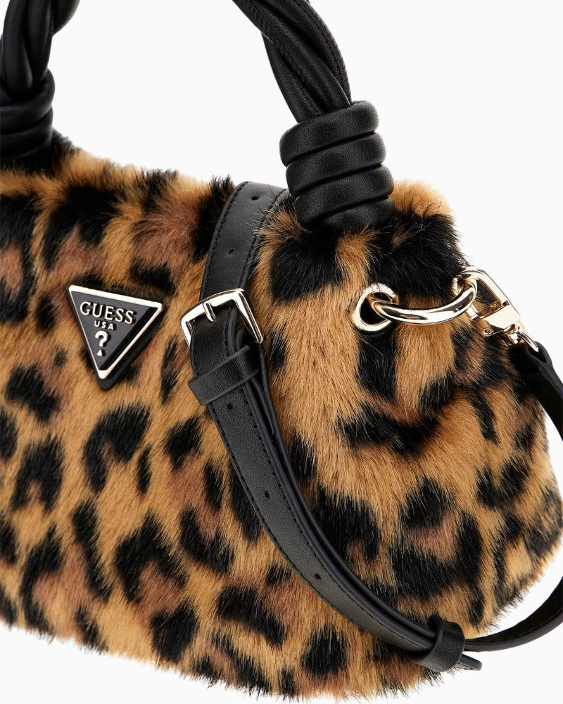 Front view of Guess Shaida handbag showing triangle logo and soft faux fur texture