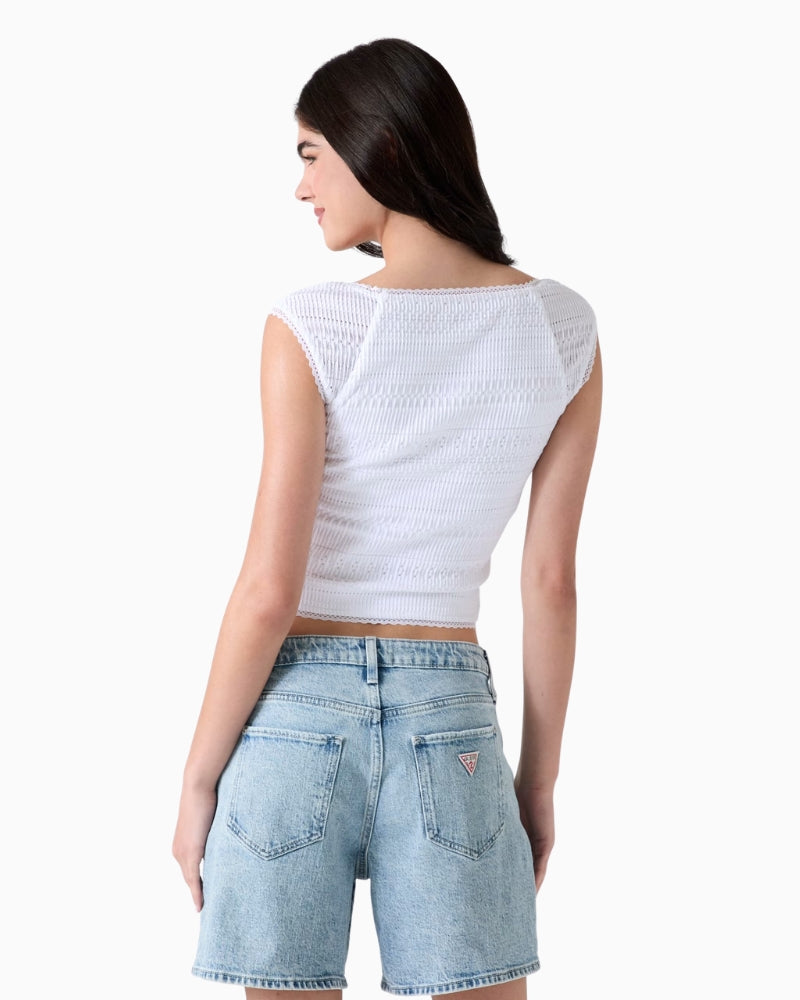 Guess Square Neck Smocked Top in White back view