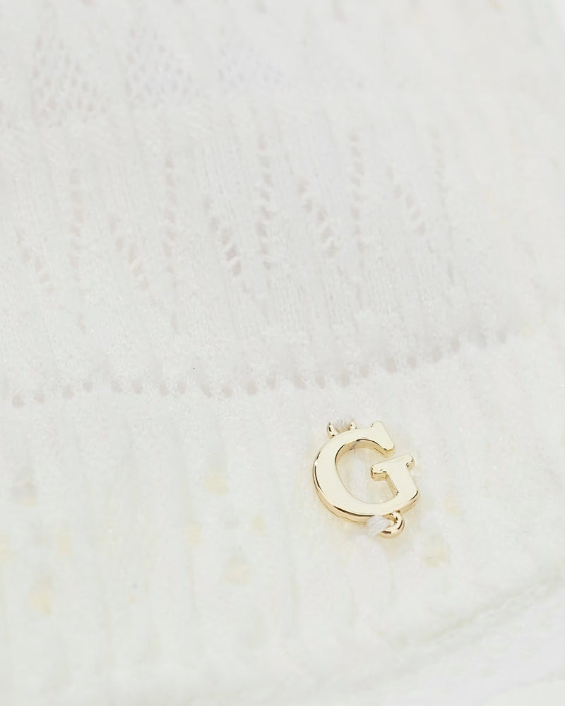 Guess Square Neck Smocked Top in White flat lay logo detail