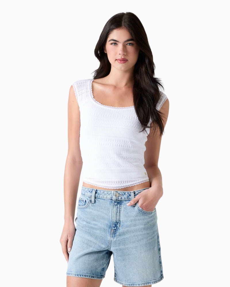 Guess Square Neck Smocked Top in White front view