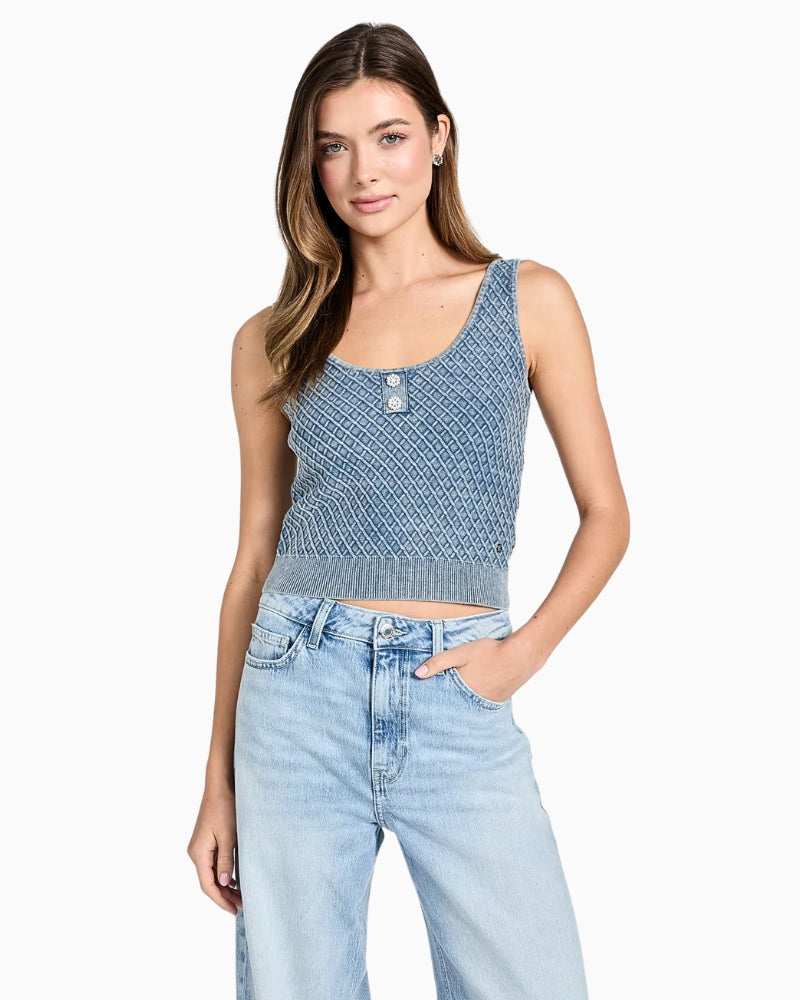 Guess textured sweater top blue front view – Áines Boutique