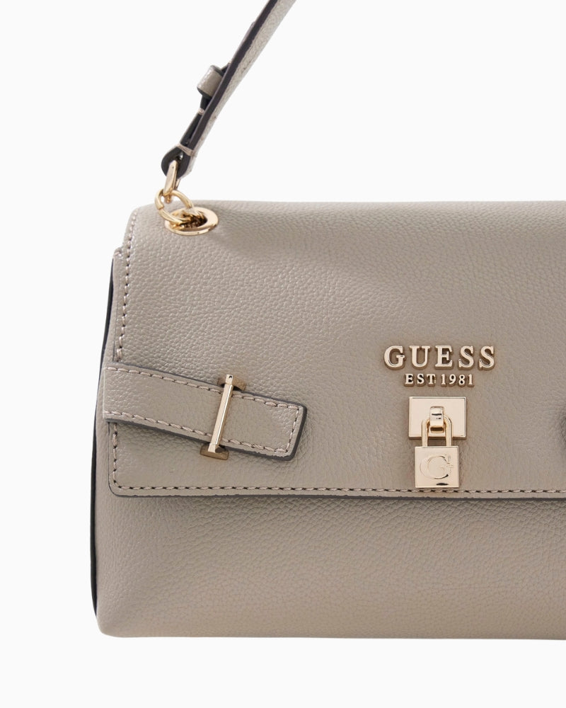 Guess Yesba messenger bag taupe front detail showing logo and lock – Áines Boutique